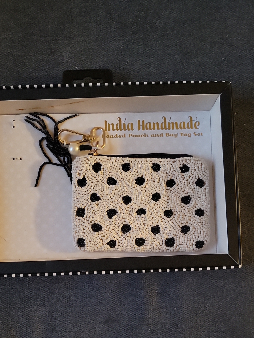 Viral Handmade In India Beaded Pouch with Black Dot Accent and Gold Hardware